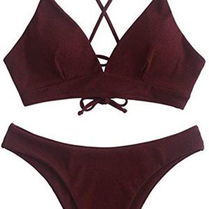 Zaful Two Piece Bathing Suit Burgundy Criss Cross Lace Up Triangle Ribbed Bikini